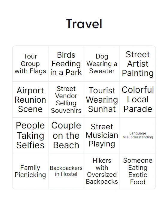 Travel tick list bingo