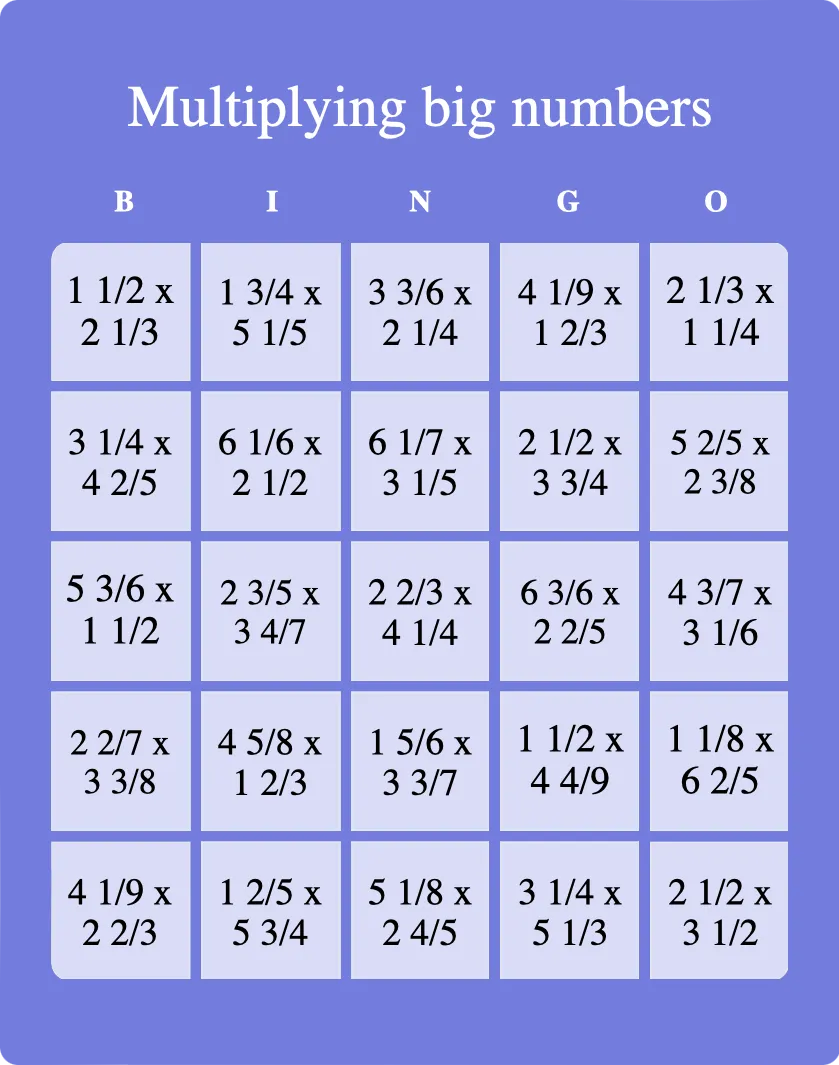 Multiplying big numbers bingo card template
