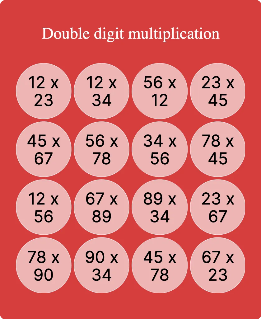 Double digit multiplication bingo card template