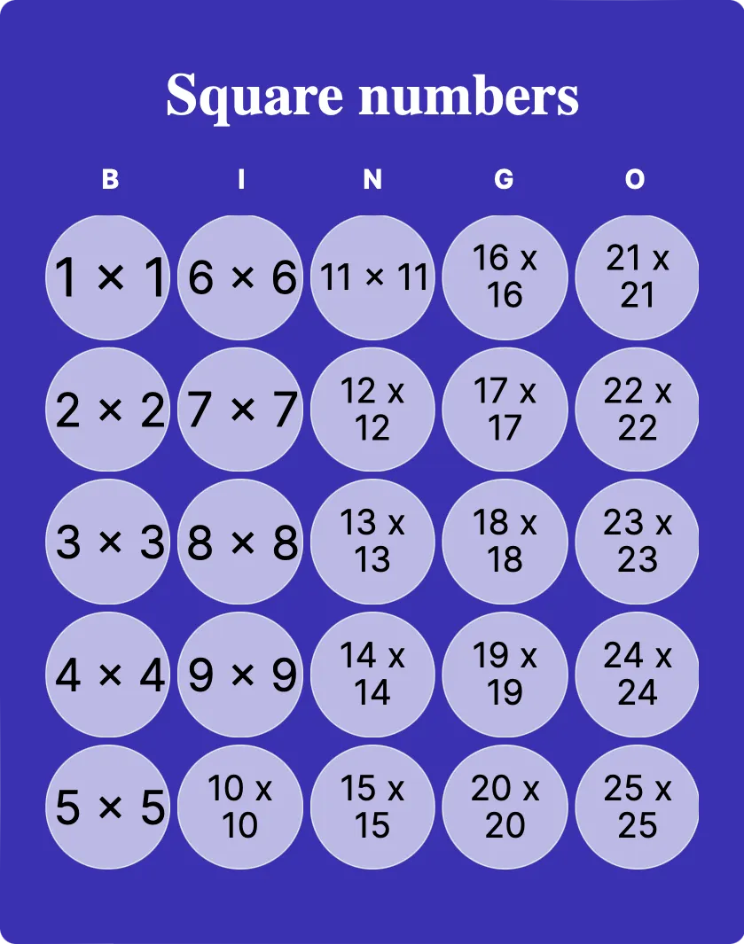 Square numbers bingo card template