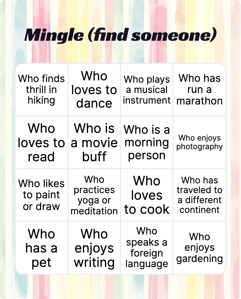 Mingle (find someone) bingo