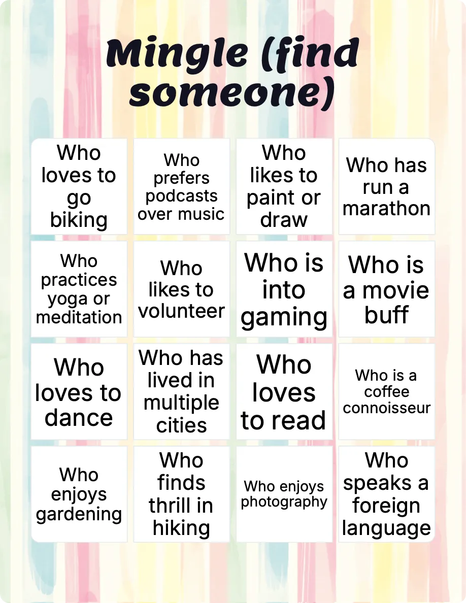 Mingle (find someone) bingo card template