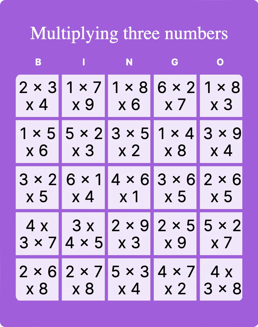 Multiplying three numbers bingo card template