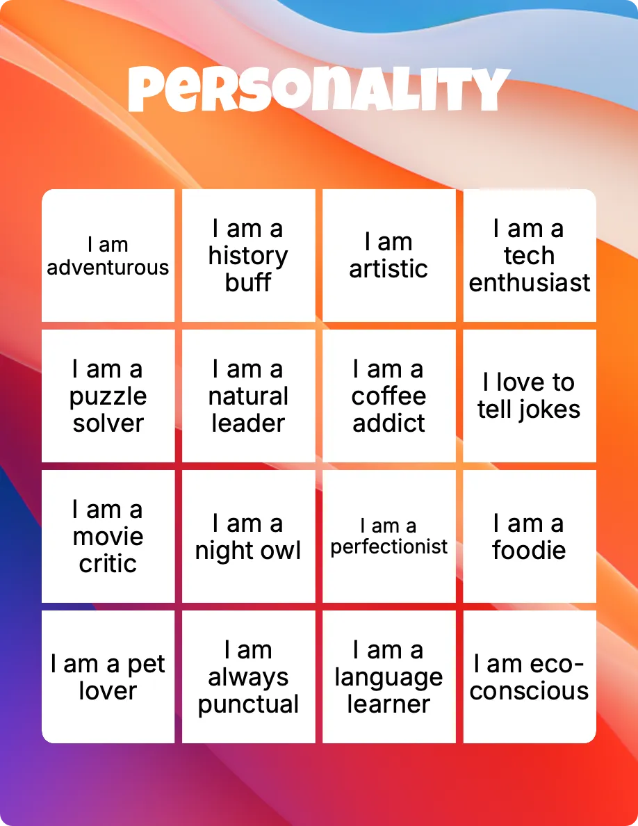 Personality bingo card template