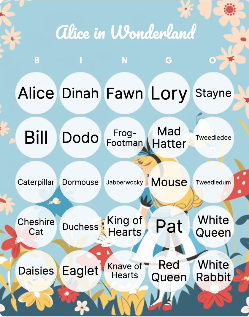 Alice in Wonderland bingo card template