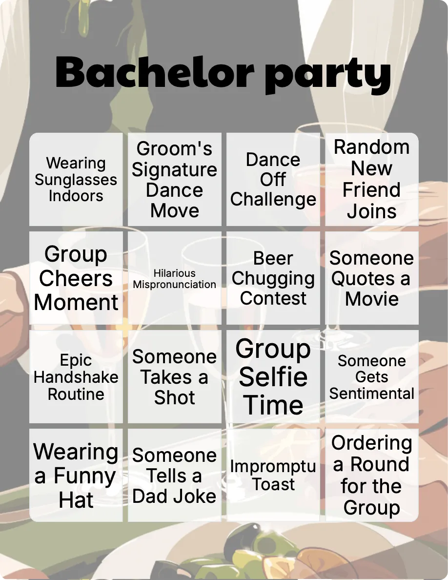 Bachelor party bingo card template