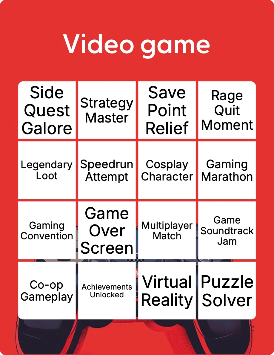 Video game bingo card template