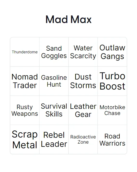 Mad Max bingo