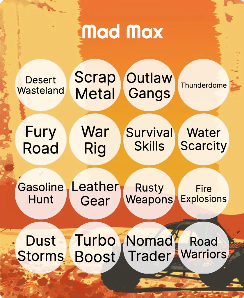 Mad Max bingo card template