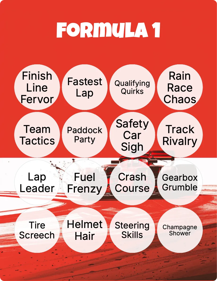 Formula 1 bingo card template