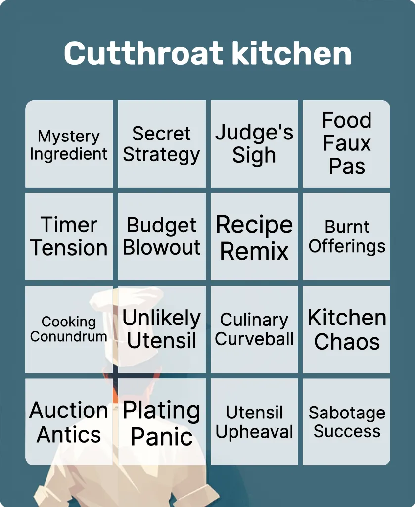 Cutthroat kitchen bingo card template