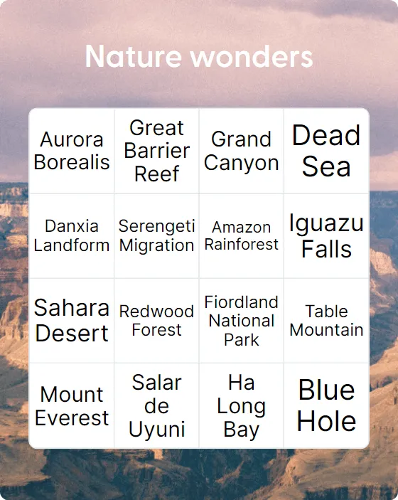 Natures wonders bingo card template