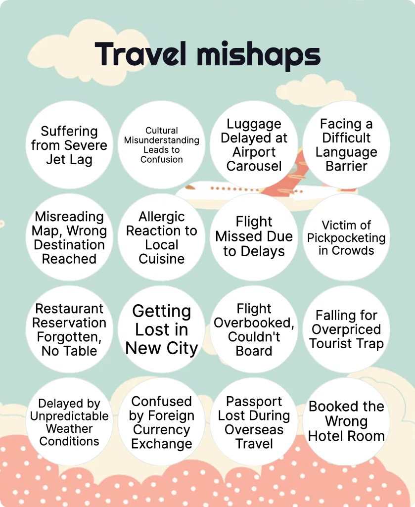 Travel mishaps bingo card template