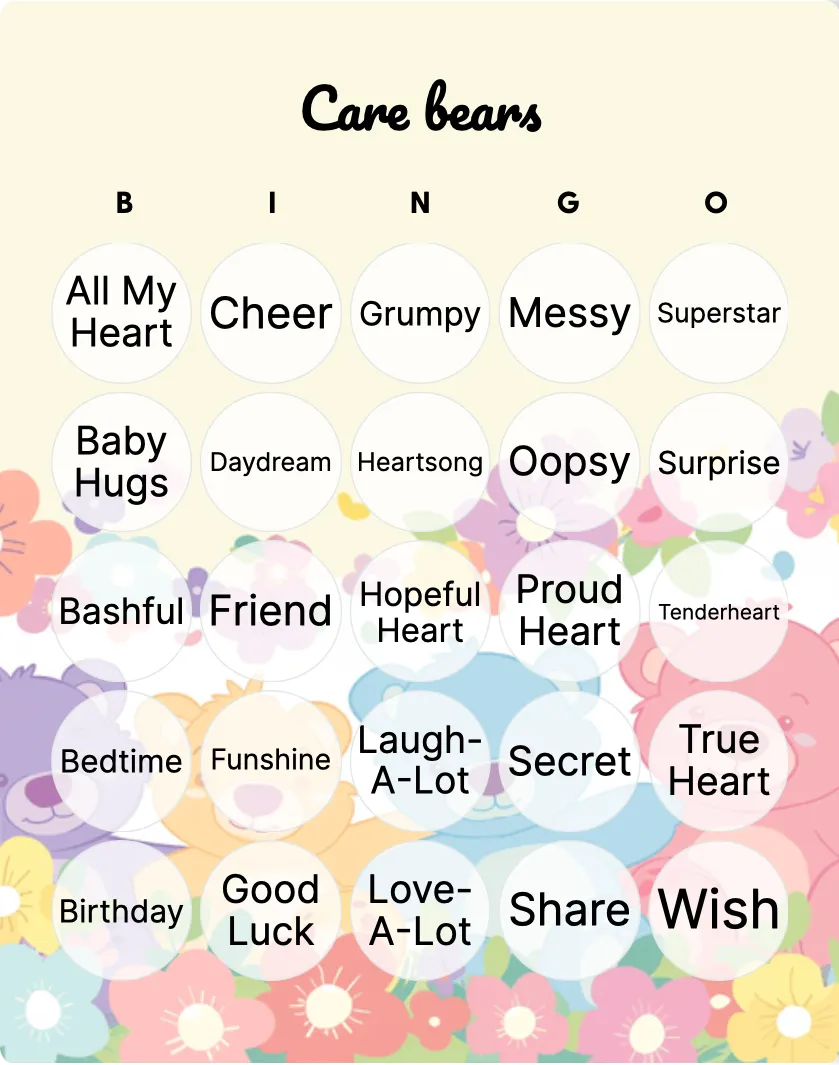 Care bears bingo card template
