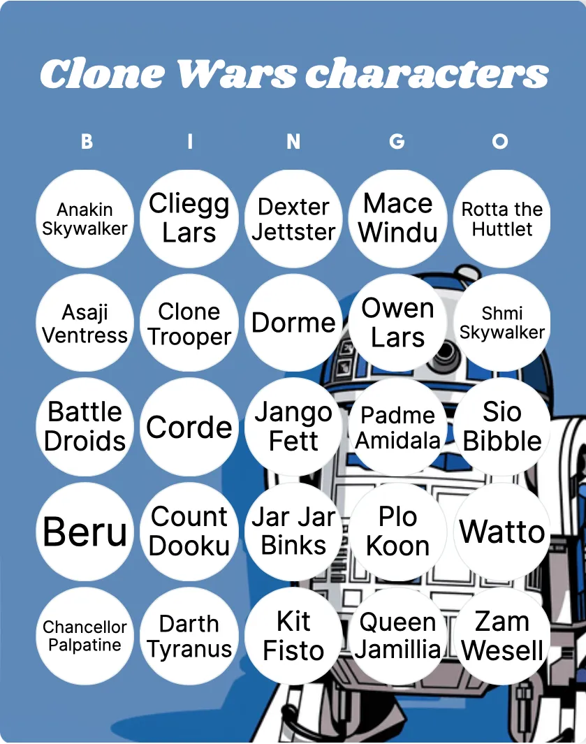 Clone Wars characters bingo