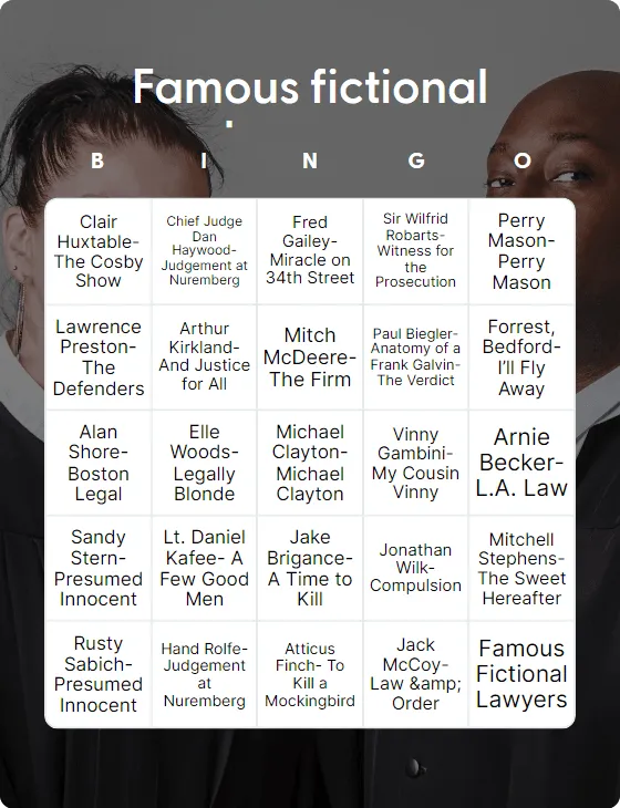 Famous fictional lawyers bingo card template