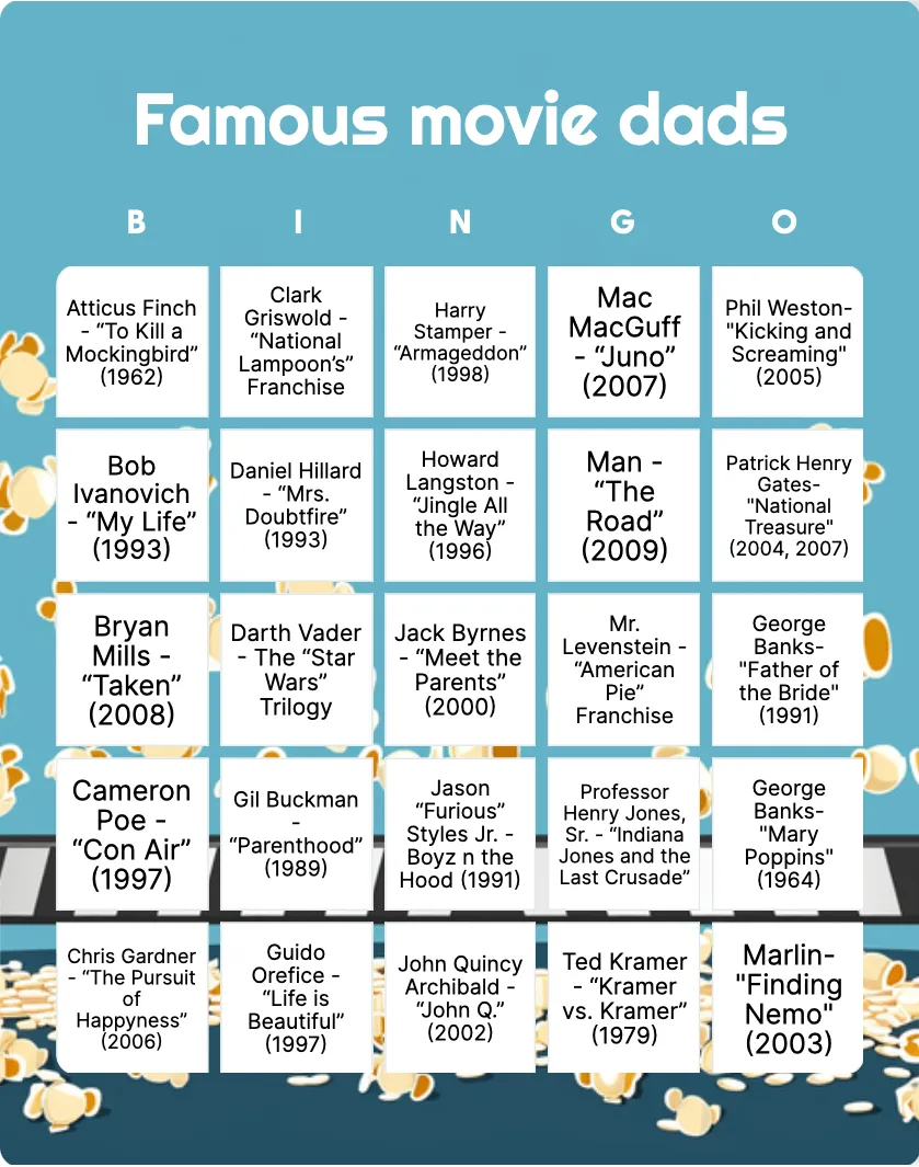 Famous movie dads bingo card template