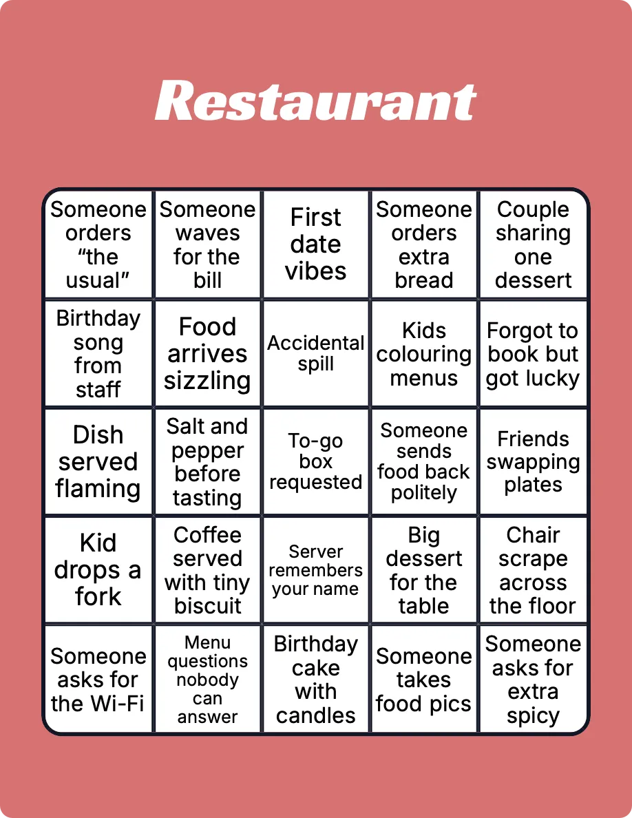 Restaurant bingo card template