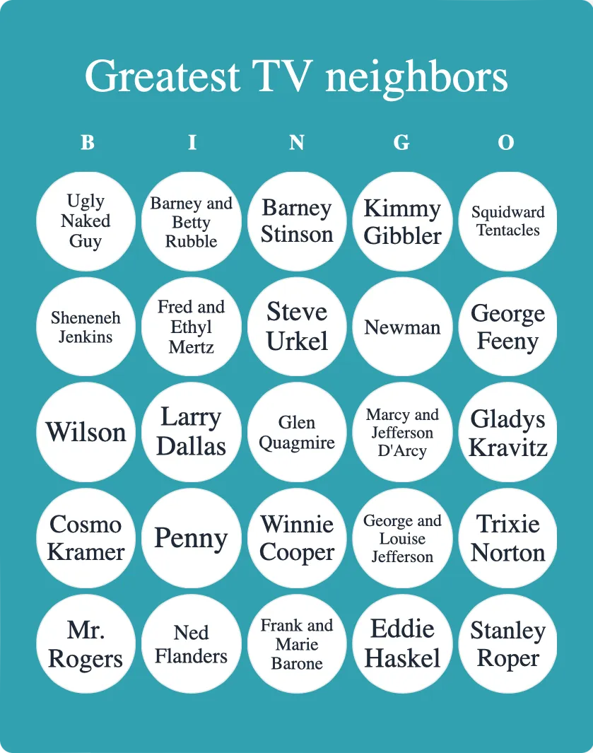 Greatest TV neighbors bingo card template