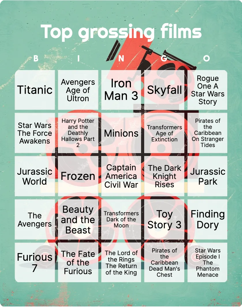 Top grossing films bingo card template