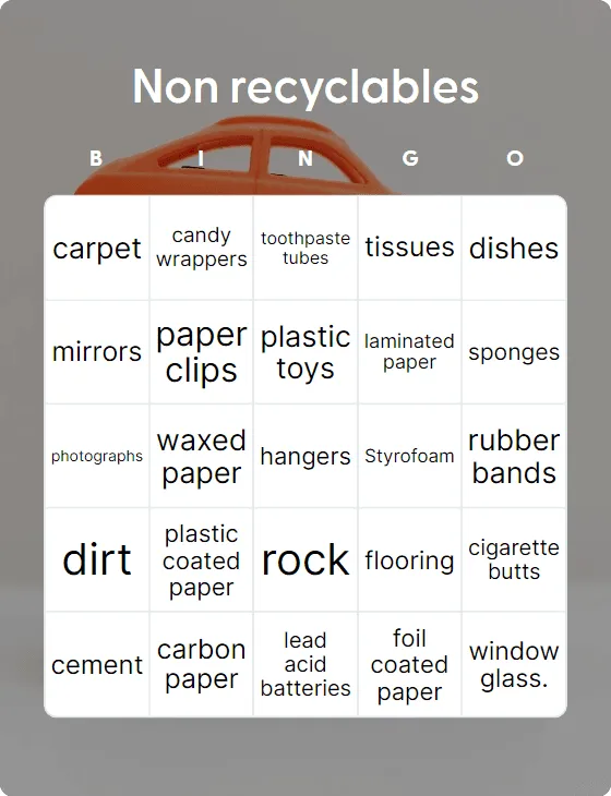 Non recyclables bingo card template