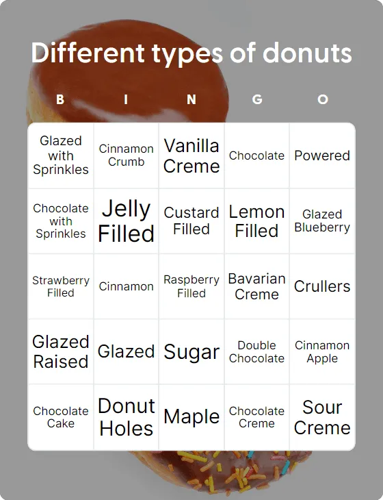 Different types of donuts bingo