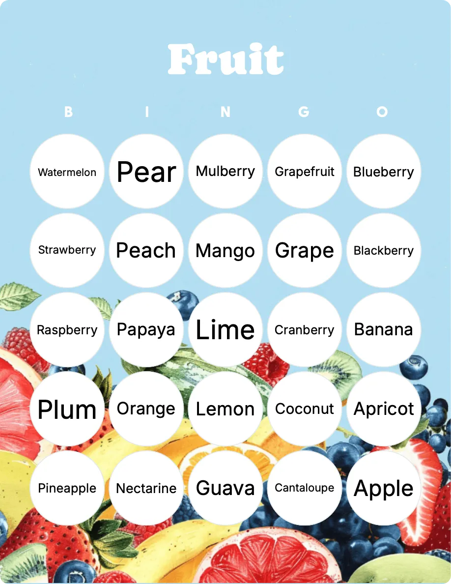 Fruit bingo card template Fruit bingo card template