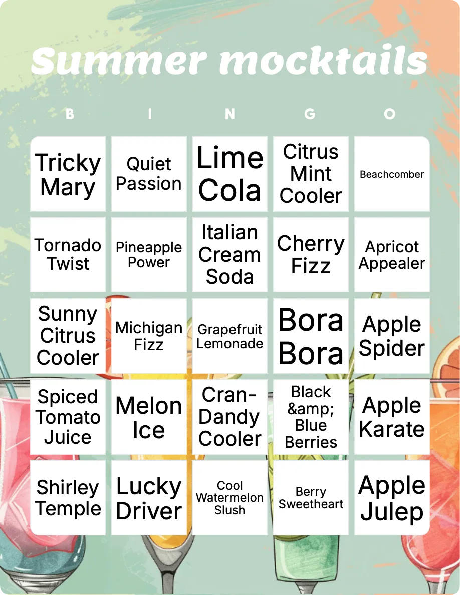 Summer mocktails bingo card template