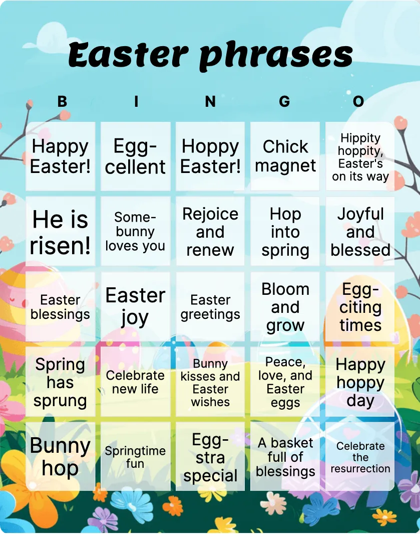Easter phrases bingo card template