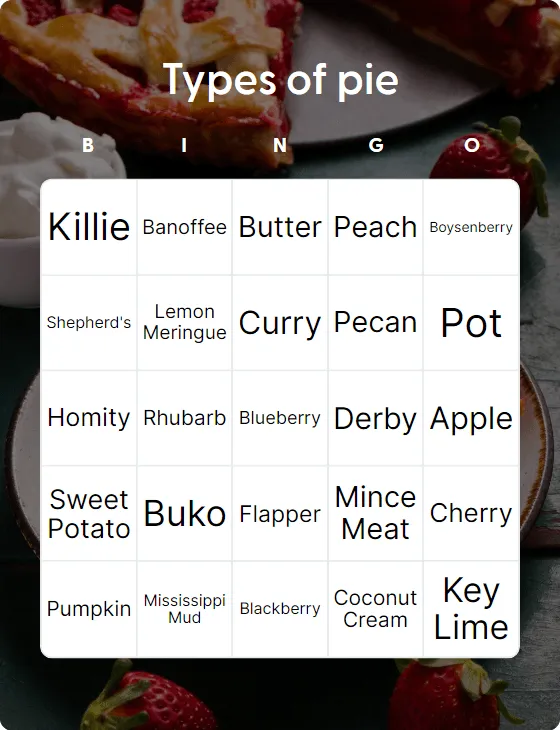 Types of pie bingo