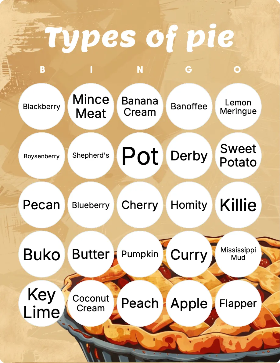 Types of pie bingo card template