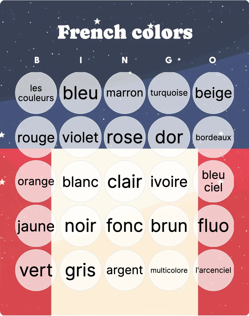 French colors bingo card template