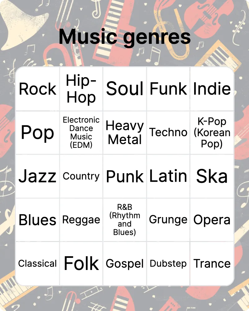 Music genres bingo