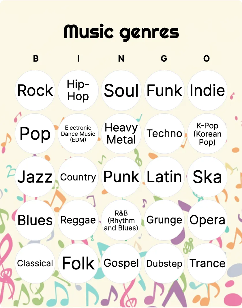 Music genres bingo card template