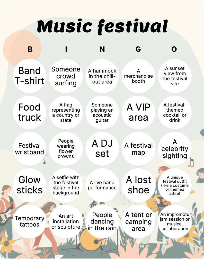 Music festival bingo card template