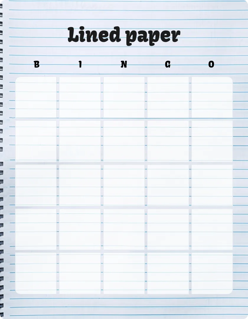 Lined paper blank bingo card template