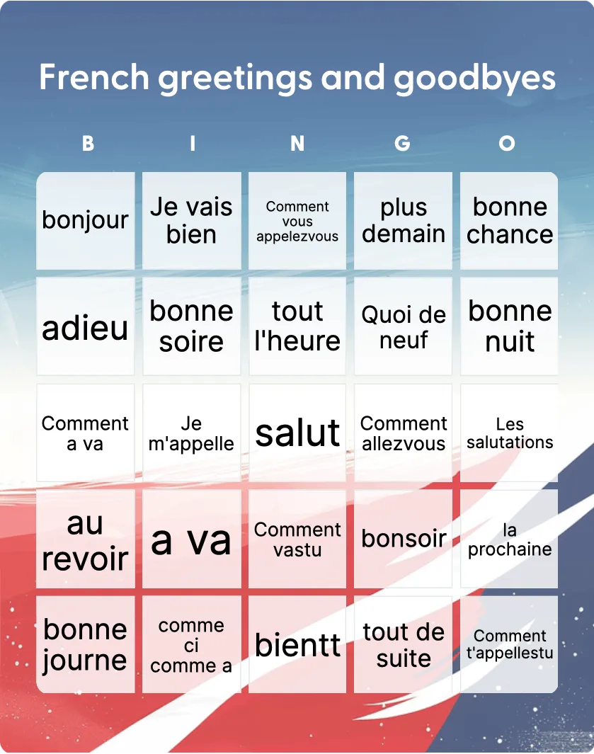 French greetings and goodbyes bingo card template