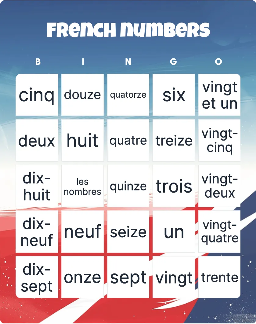 French numbers bingo card template