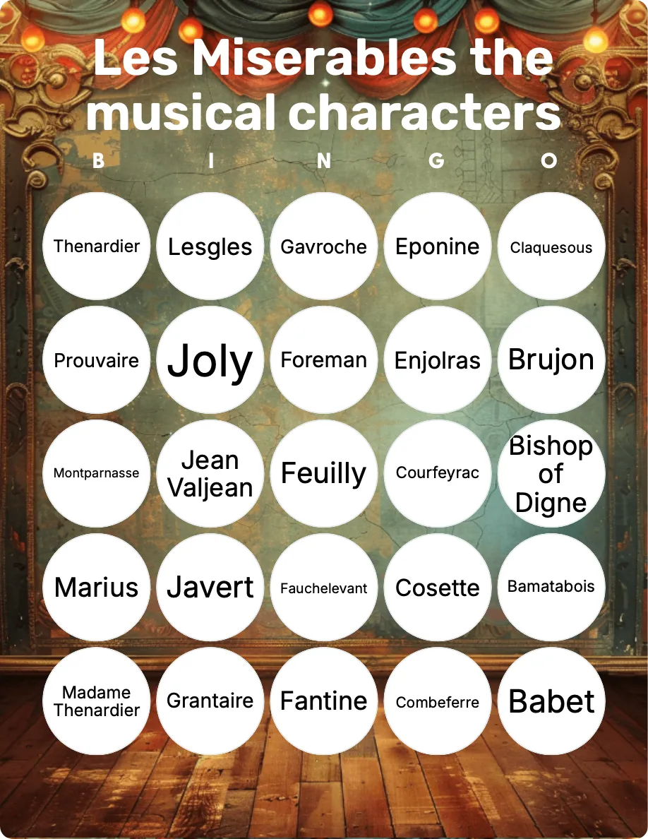 Les Miserables the musical characters bingo card template