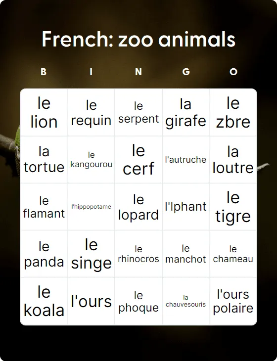 French: zoo animals bingo card template