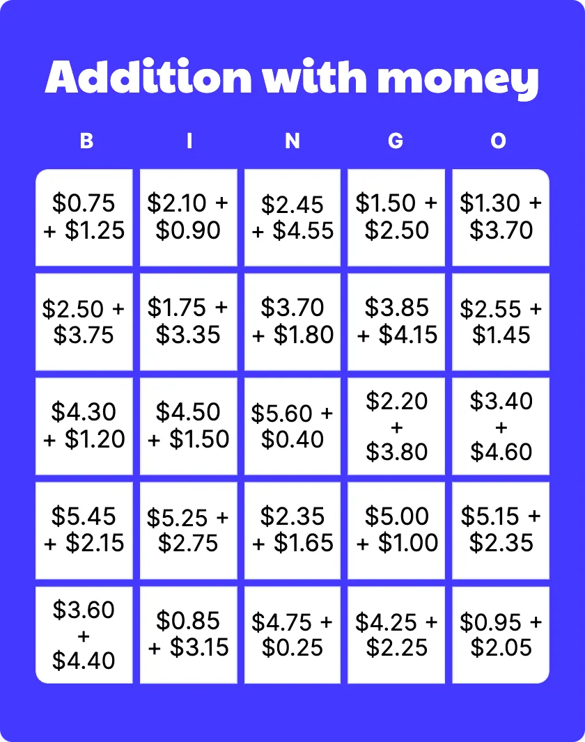 Addition with money bingo card template