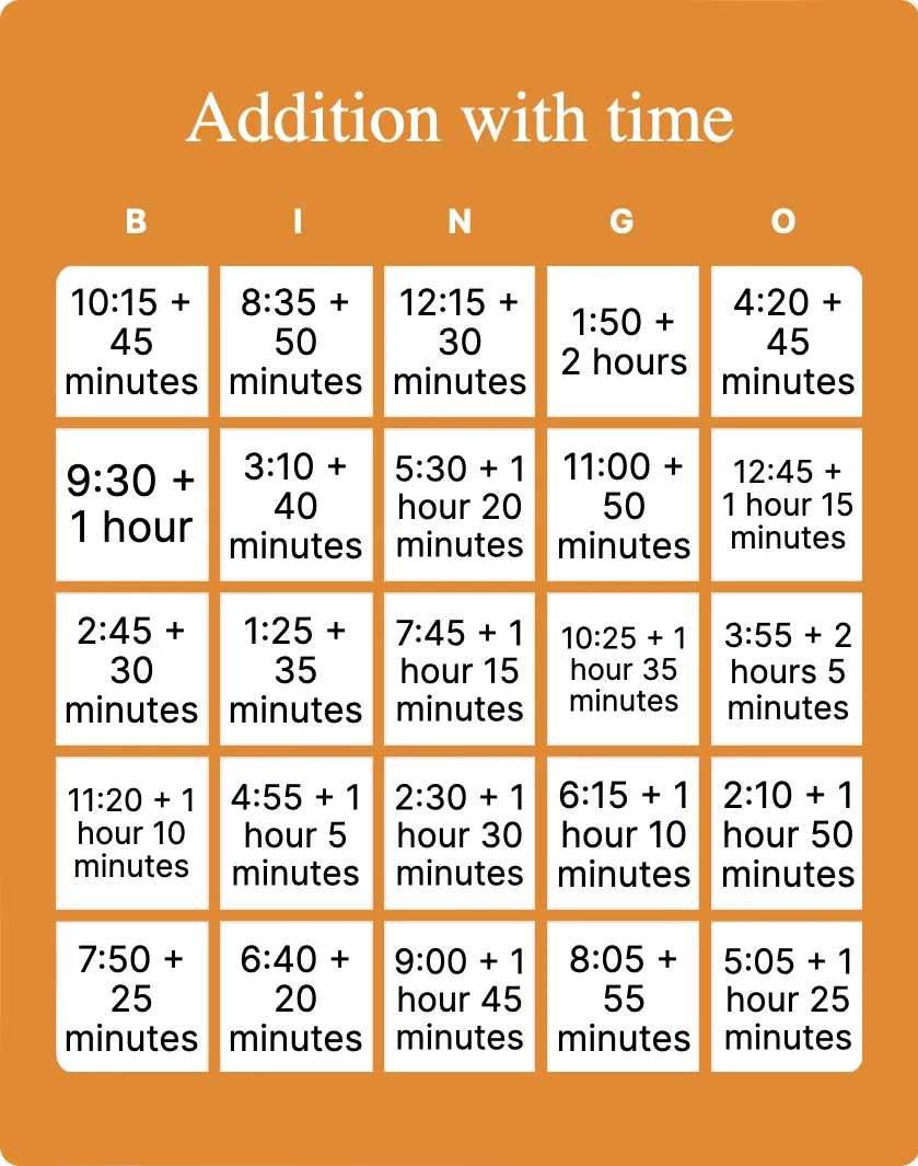 Addition with time bingo card template