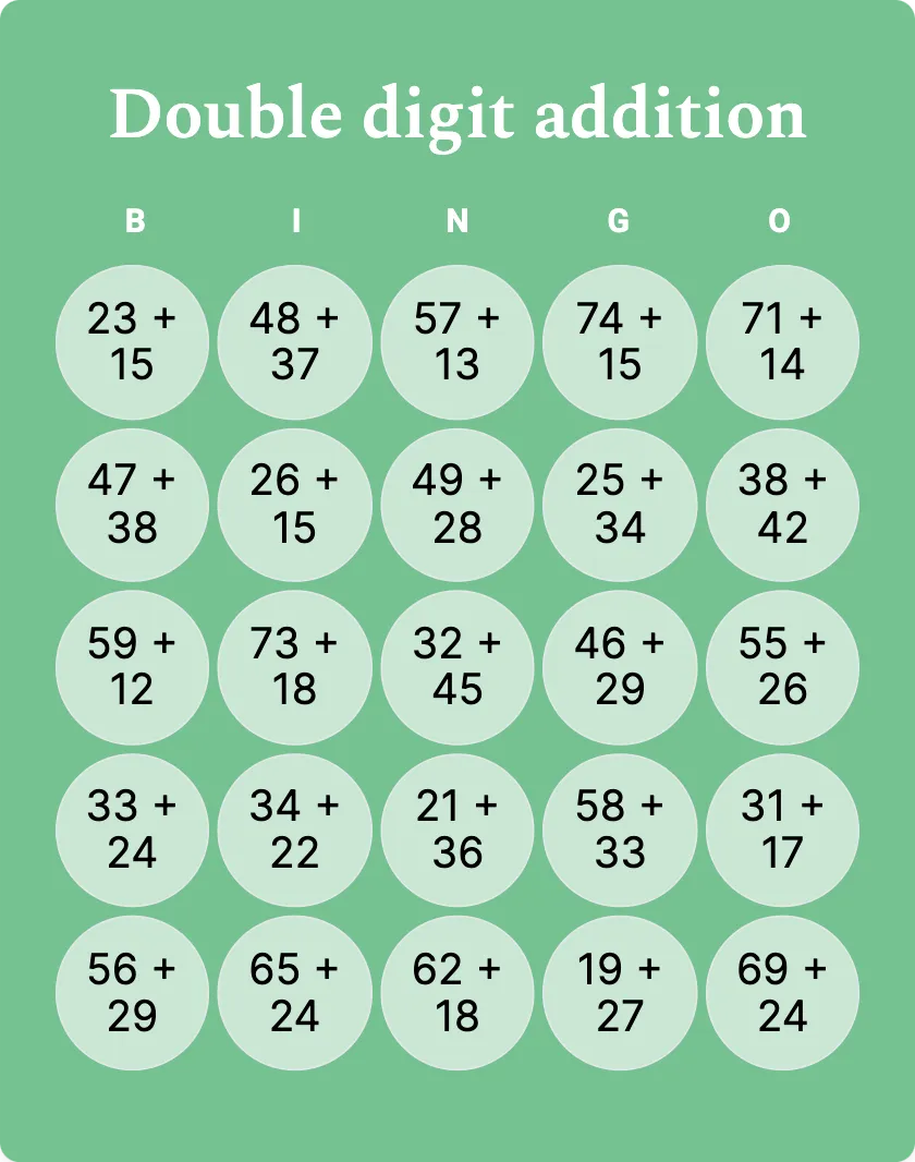 Double digit addition bingo card template