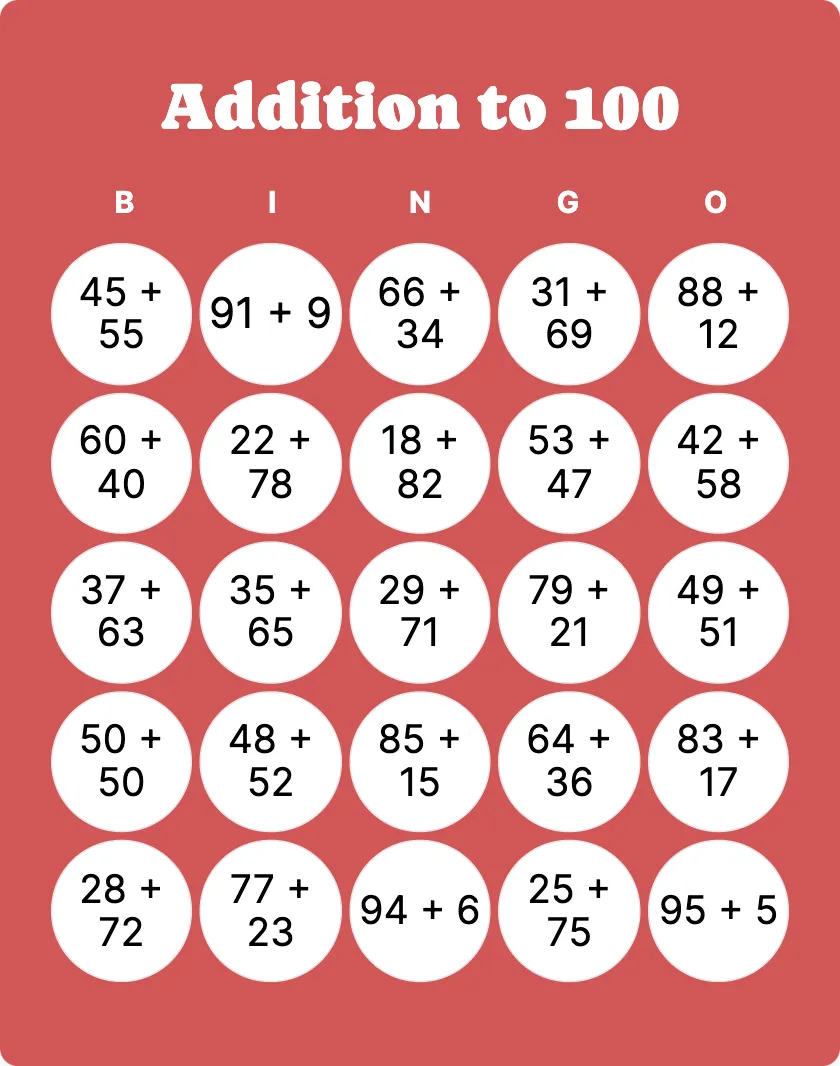 Addition to 100 bingo card template