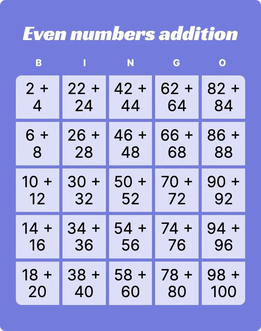 Even numbers addition bingo card template