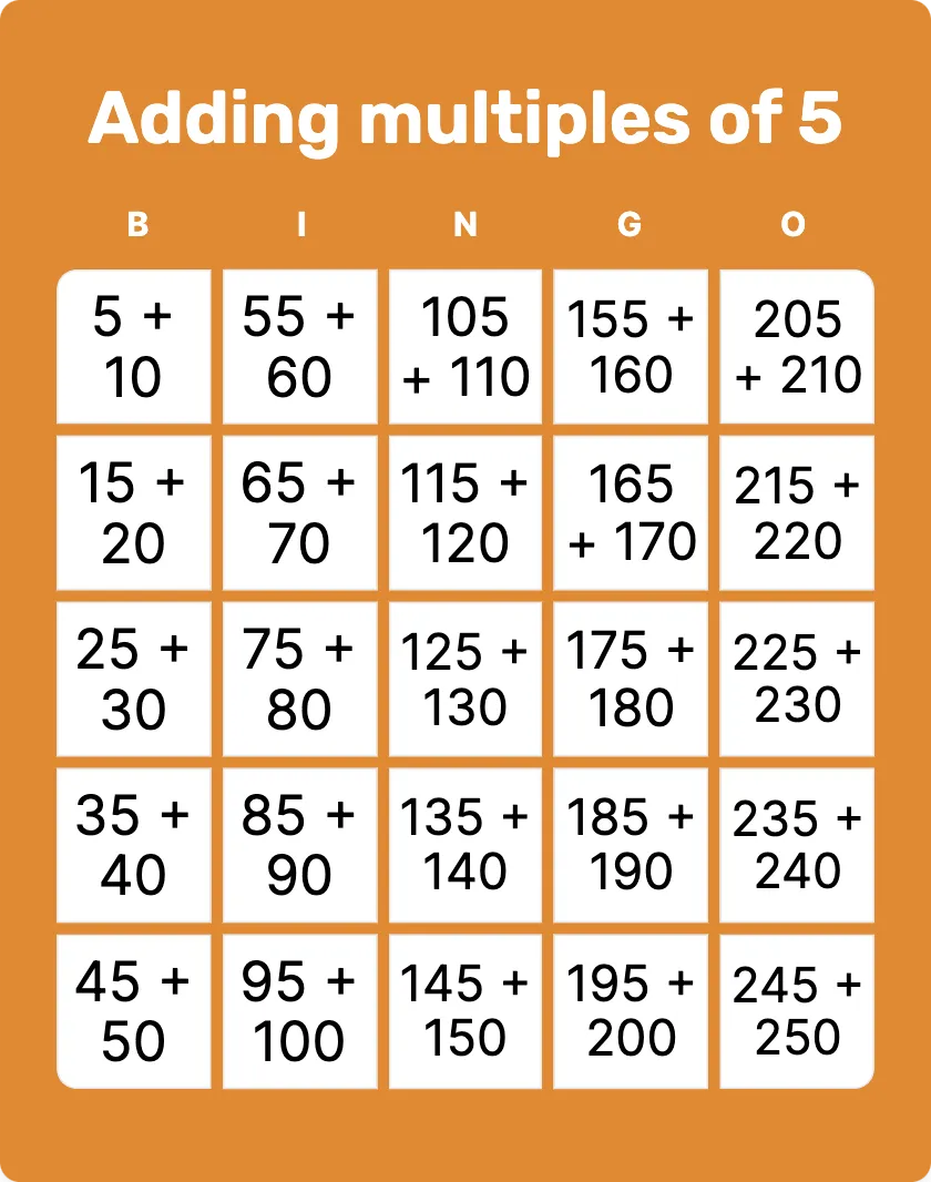 Adding multiples of 5 bingo card template