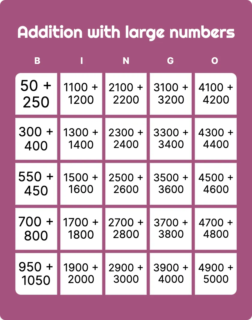 Addition with large numbers bingo card template