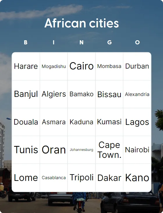 African cities bingo card template