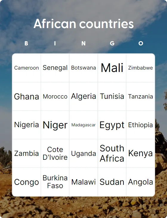 African countries bingo card template