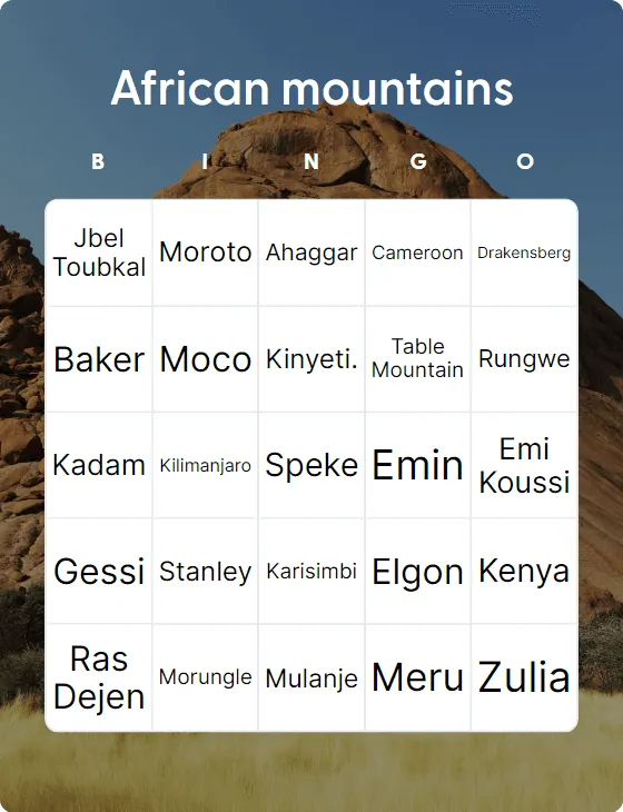 African mountains bingo